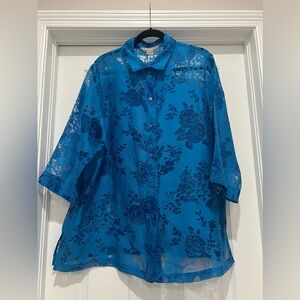 NWT TanJay Nygard 3/4 Sleeve Blue See Thru Floral Shirt/Cover-Up size XL